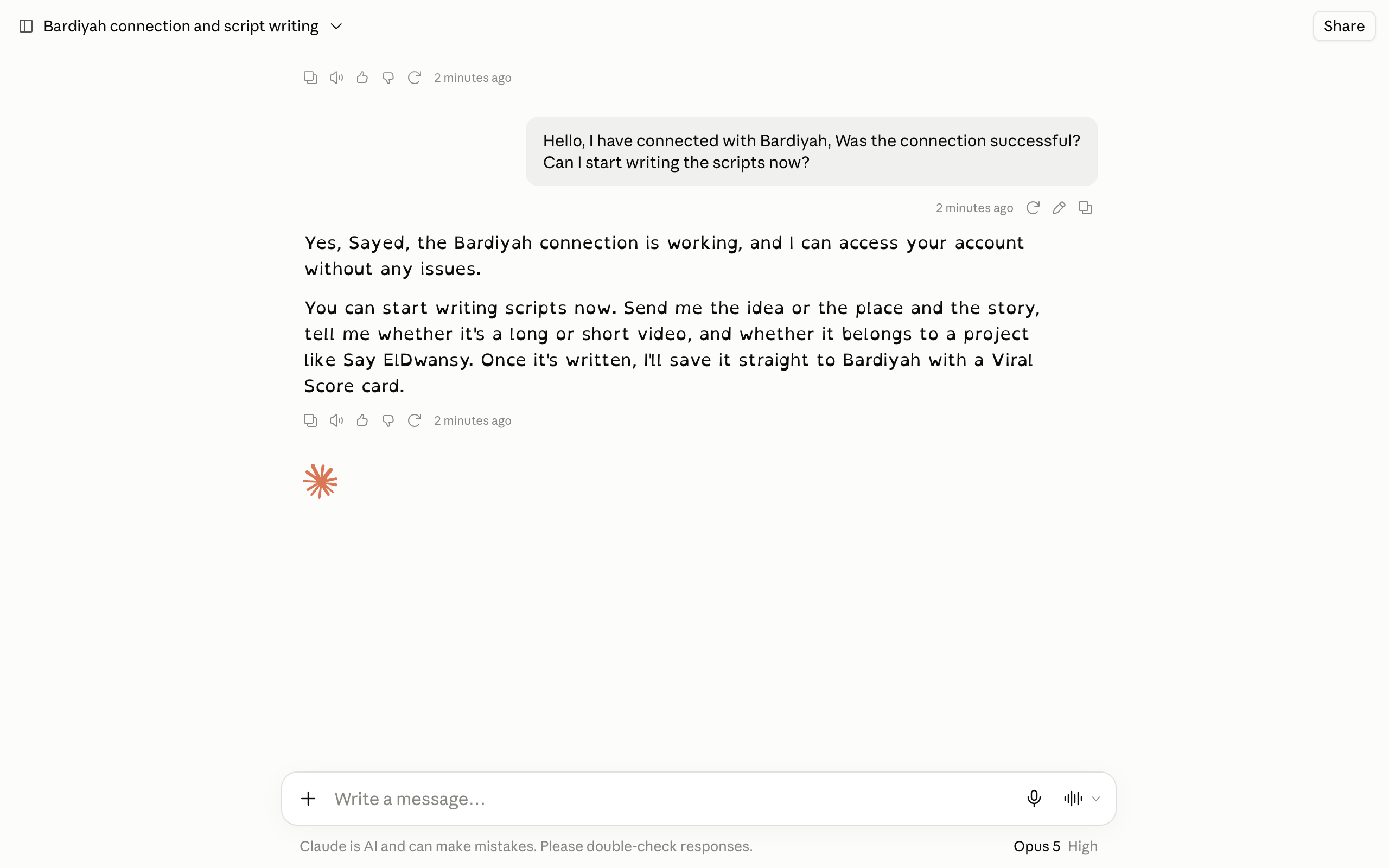 A Claude conversation confirming the connection to Bardiyah and asking for details of the new script