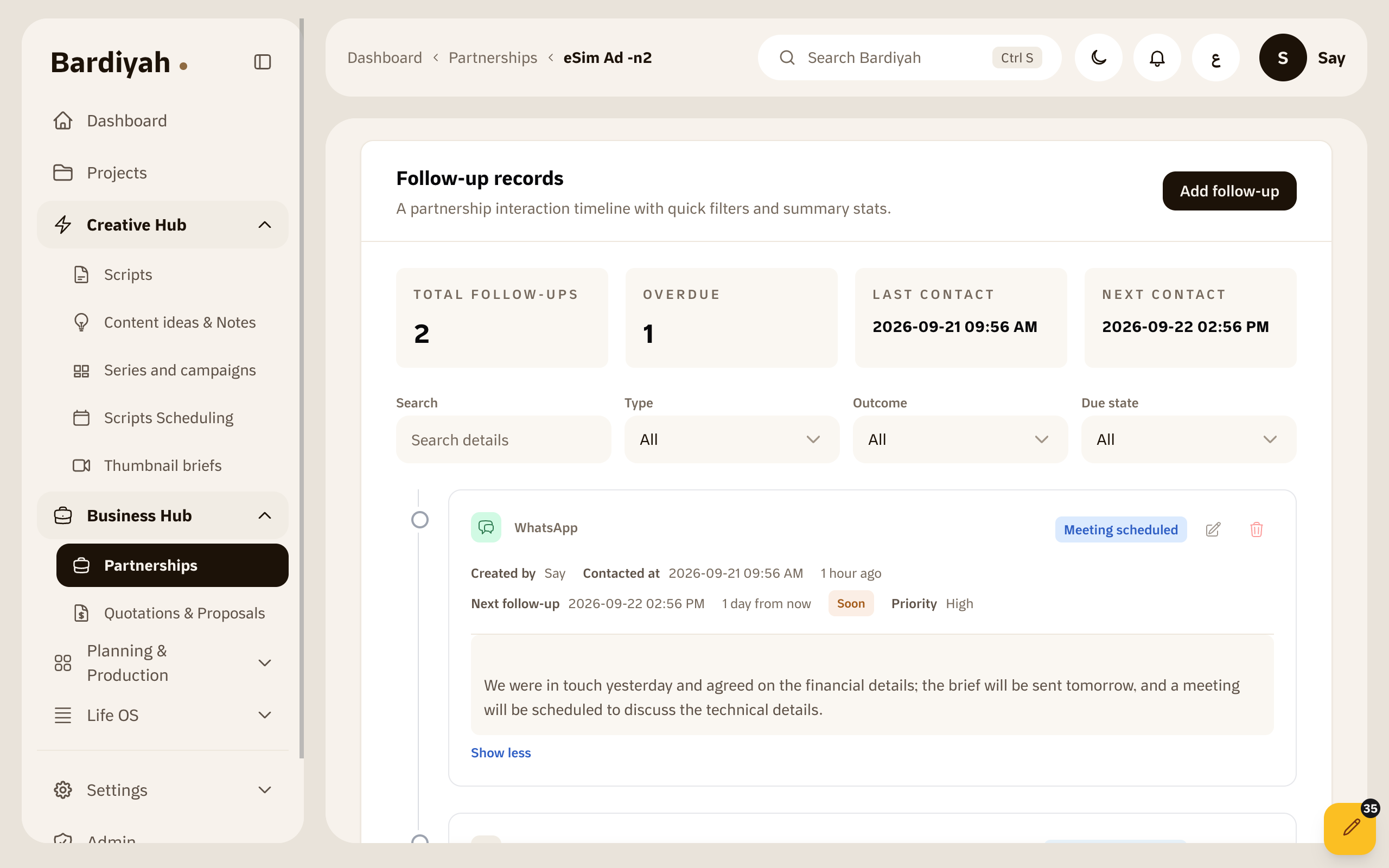 A partnership card with budget, payment status and contact