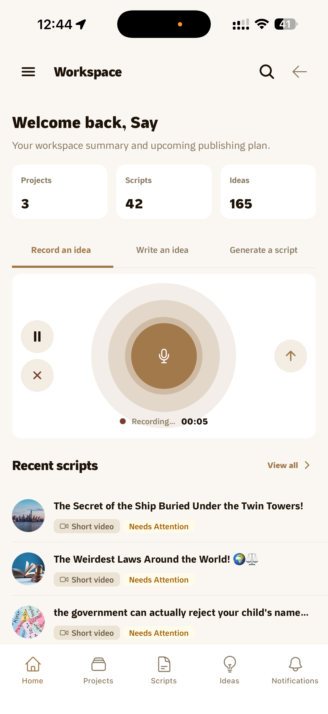 Recording a voice idea in the Bardiyah app