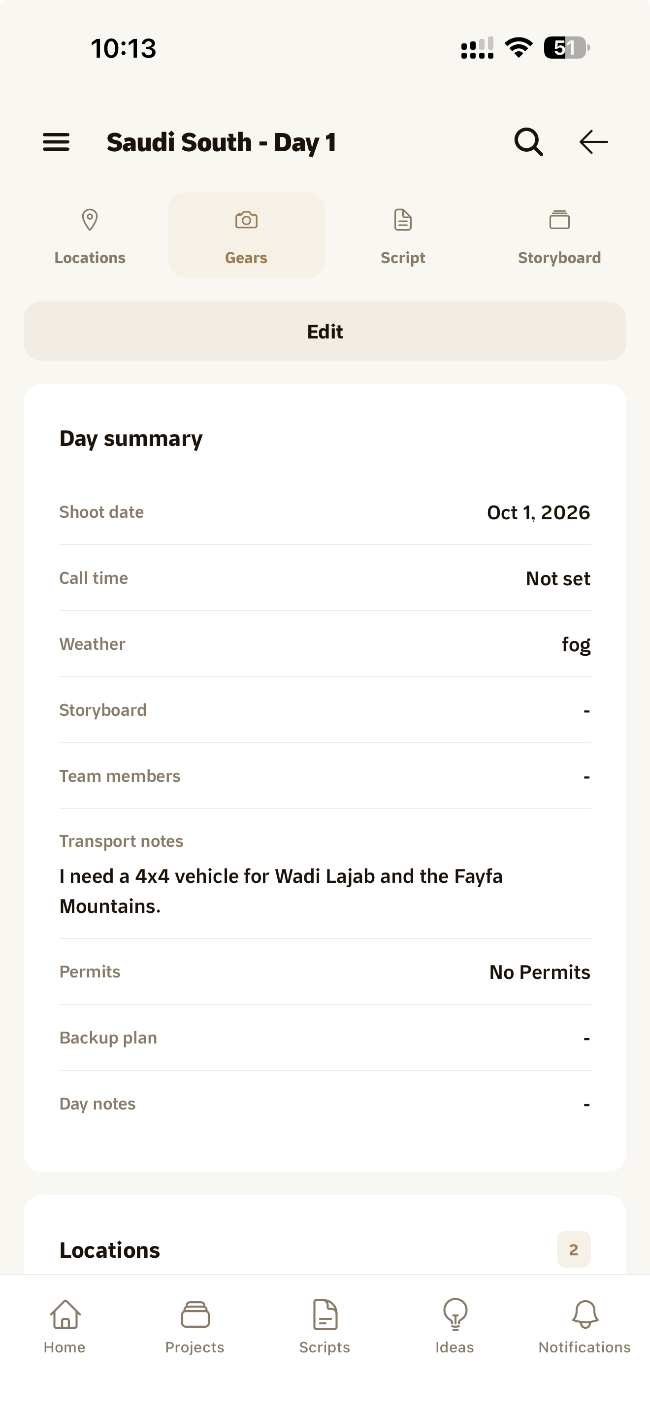 A shoot day page with shots, location and gear