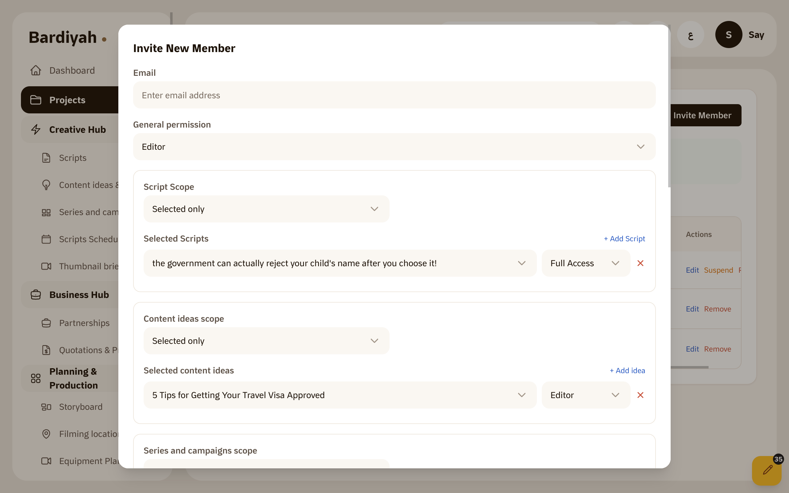 Choosing a team member's access to a project