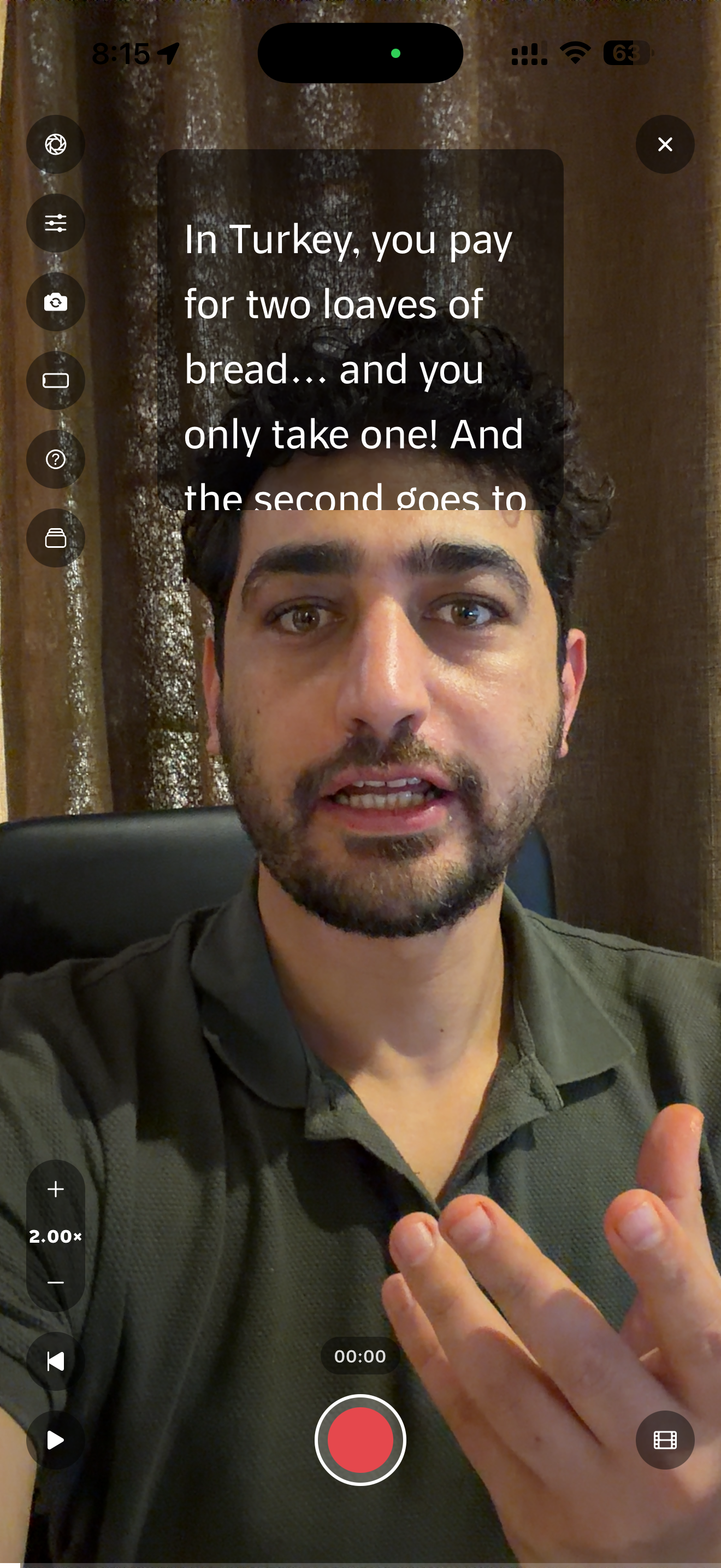 The recording screen in the mobile app, with the script shown over the front camera view and the record button below