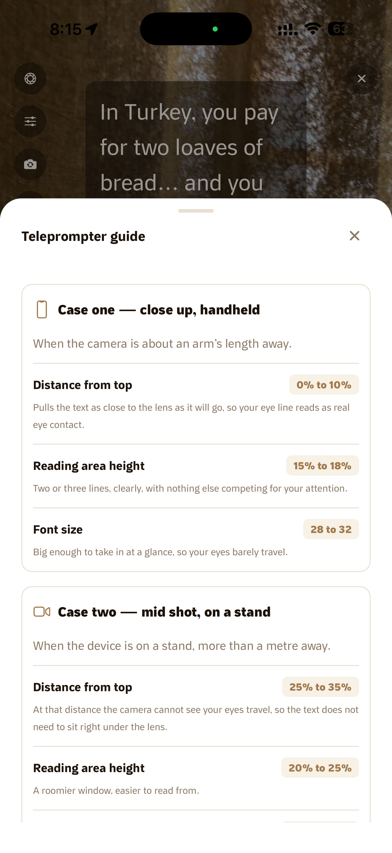 The teleprompter guide, showing suggested values for handheld close shots and tripod shots