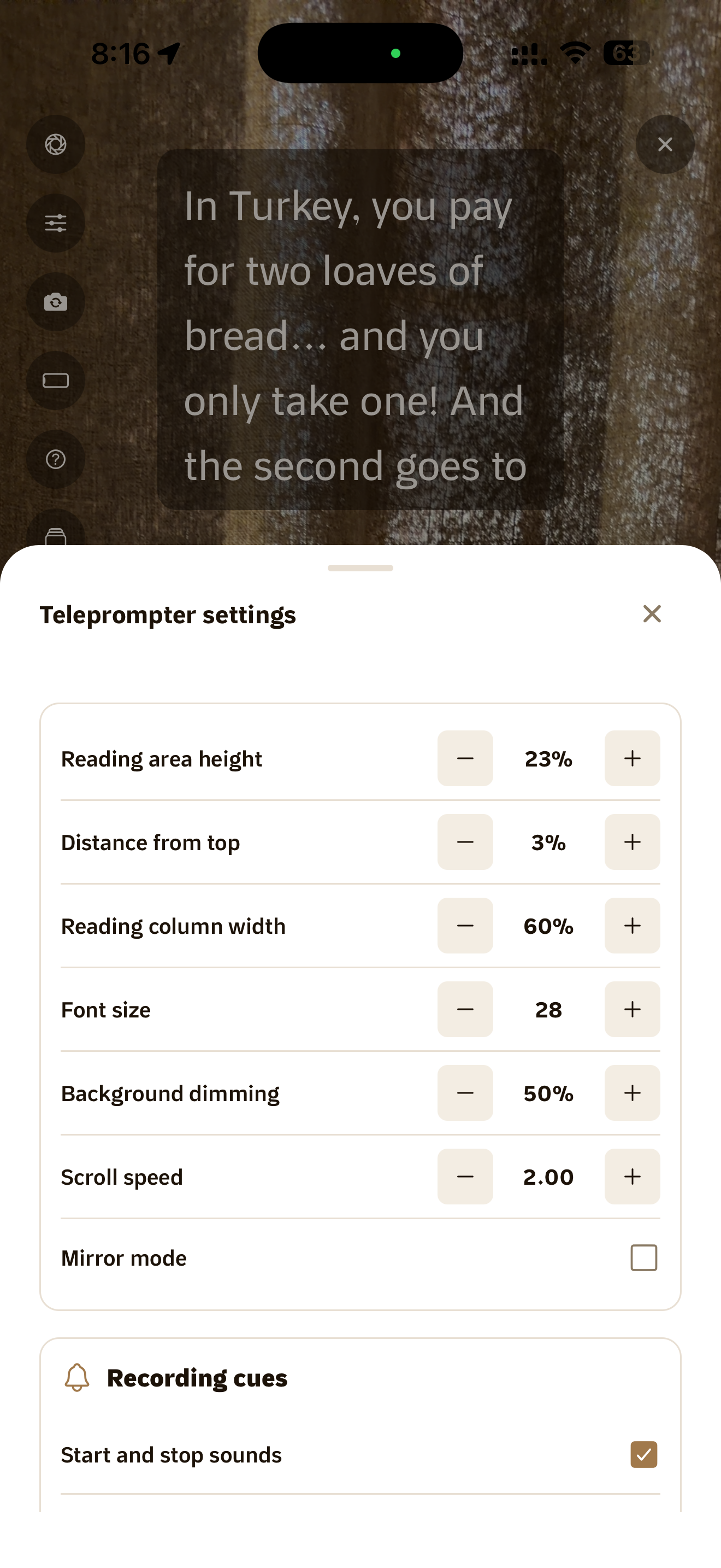 Teleprompter settings on mobile, including reading area height, font size, scroll speed, and mirror mode