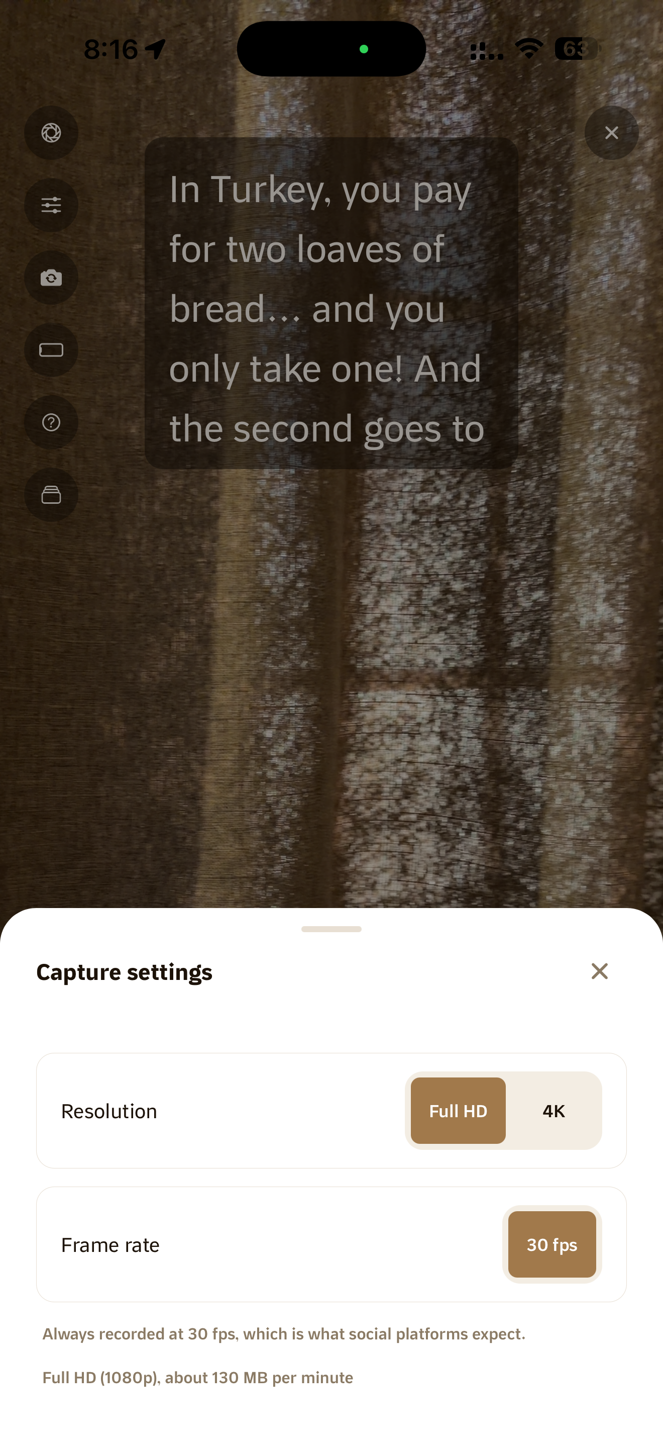 Recording settings on mobile, with a choice between Full HD and 4K at 30 frames