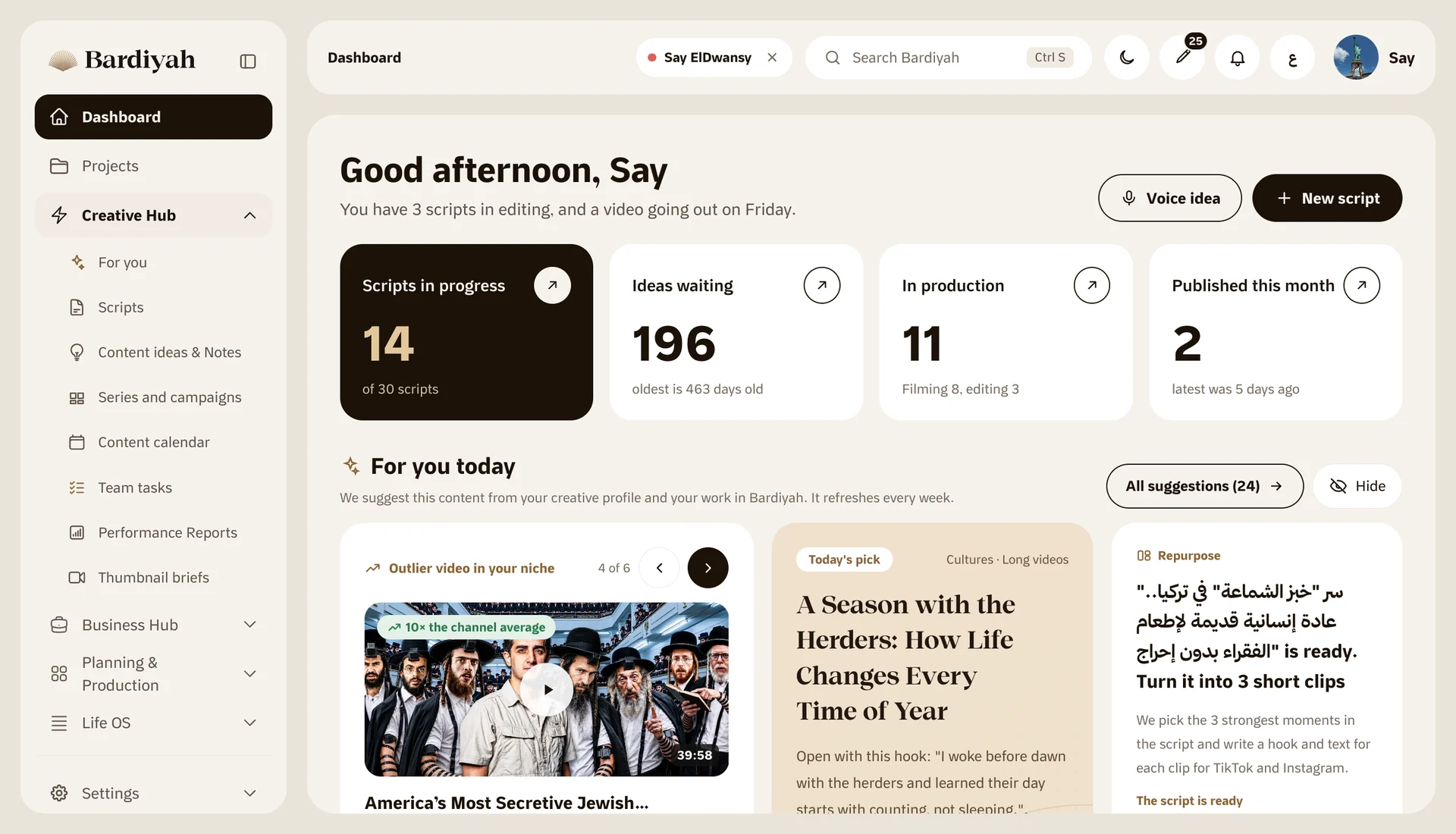 The home dashboard for a solo account, with ideas, scripts and Suggested for you